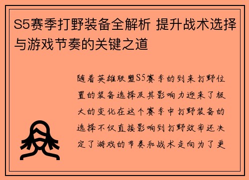 S5赛季打野装备全解析 提升战术选择与游戏节奏的关键之道